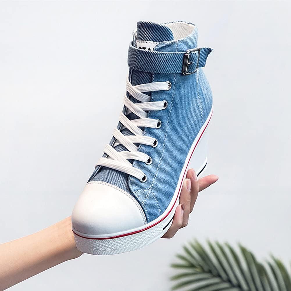 imageMei MACLEOD Wedge Heel Sneaker for Women High Heel Sneaker Side ZipperLace Up Canvas Shoes for Ladies College StudentsBlue