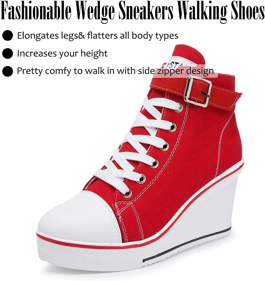 imageMei MACLEOD Wedge Heel Sneaker for Women High Heel Sneaker Side ZipperLace Up Canvas Shoes for Ladies College StudentsRed