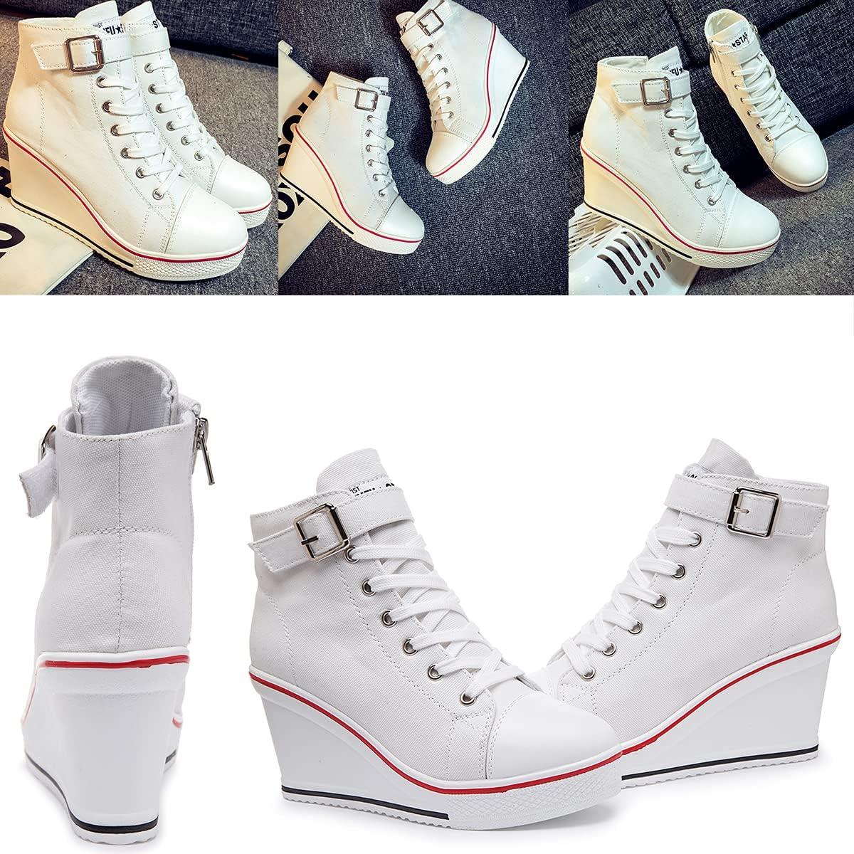 imageMei MACLEOD Wedge Heel Sneaker for Women High Heel Sneaker Side ZipperLace Up Canvas Shoes for Ladies College StudentsWhite