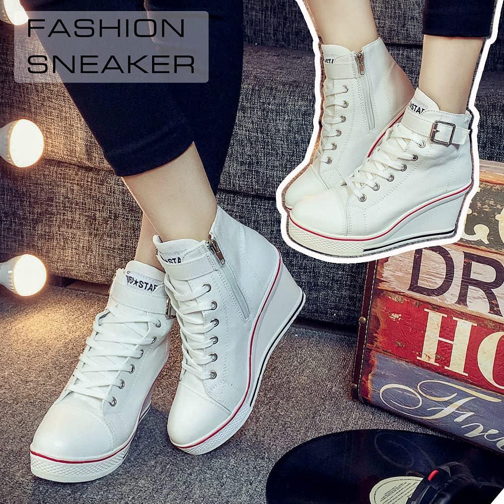 imageMei MACLEOD Wedge Heel Sneaker for Women High Heel Sneaker Side ZipperLace Up Canvas Shoes for Ladies College StudentsWhite