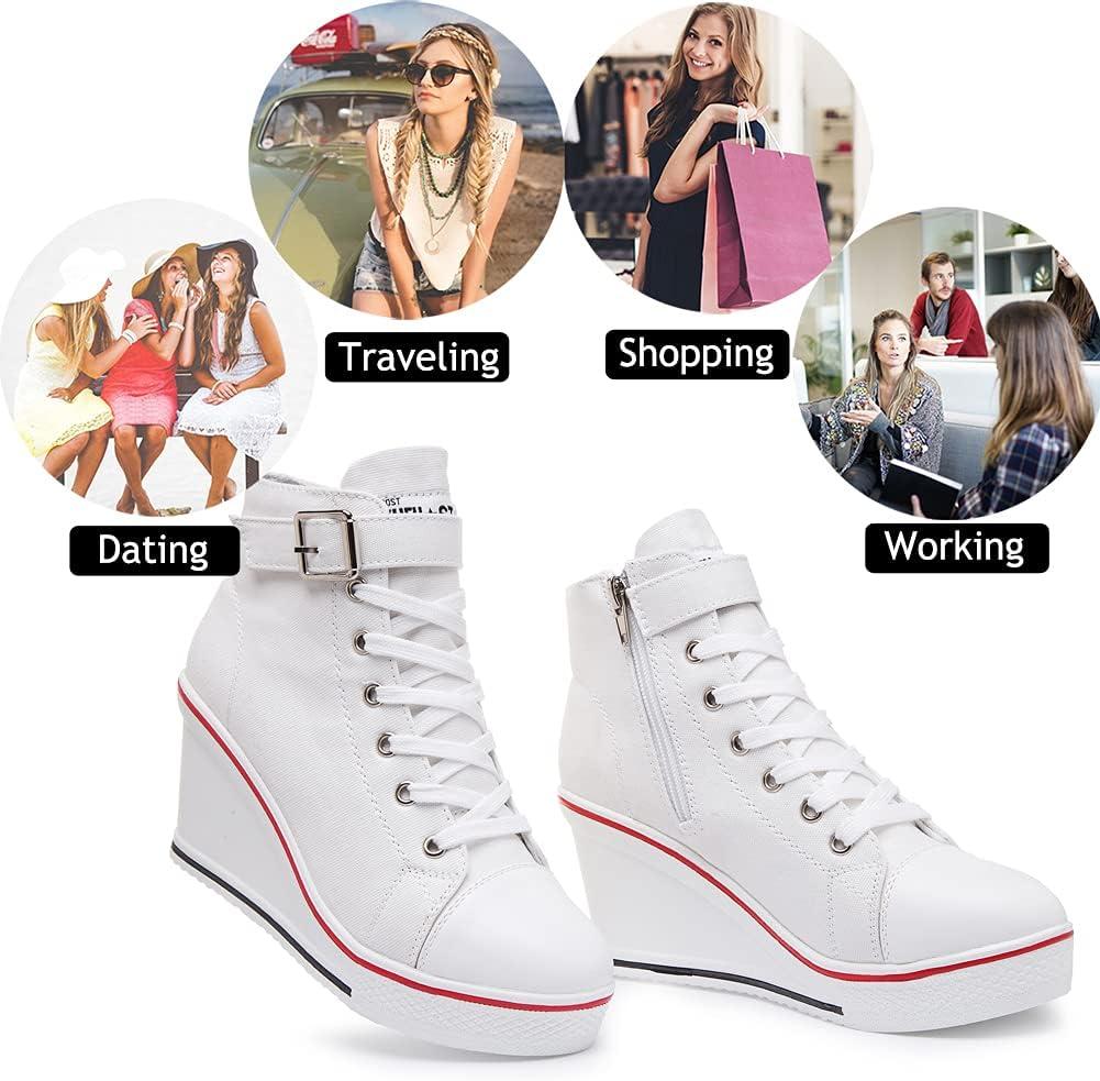 imageMei MACLEOD Wedge Heel Sneaker for Women High Heel Sneaker Side ZipperLace Up Canvas Shoes for Ladies College StudentsWhite