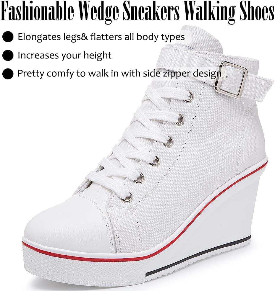 imageMei MACLEOD Wedge Heel Sneaker for Women High Heel Sneaker Side ZipperLace Up Canvas Shoes for Ladies College StudentsWhite