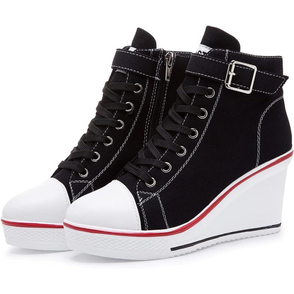 imageMei MACLEOD Wedge Heel Sneaker for Women High Heel Sneaker Side ZipperLace Up Canvas Shoes for Ladies College StudentsBlack