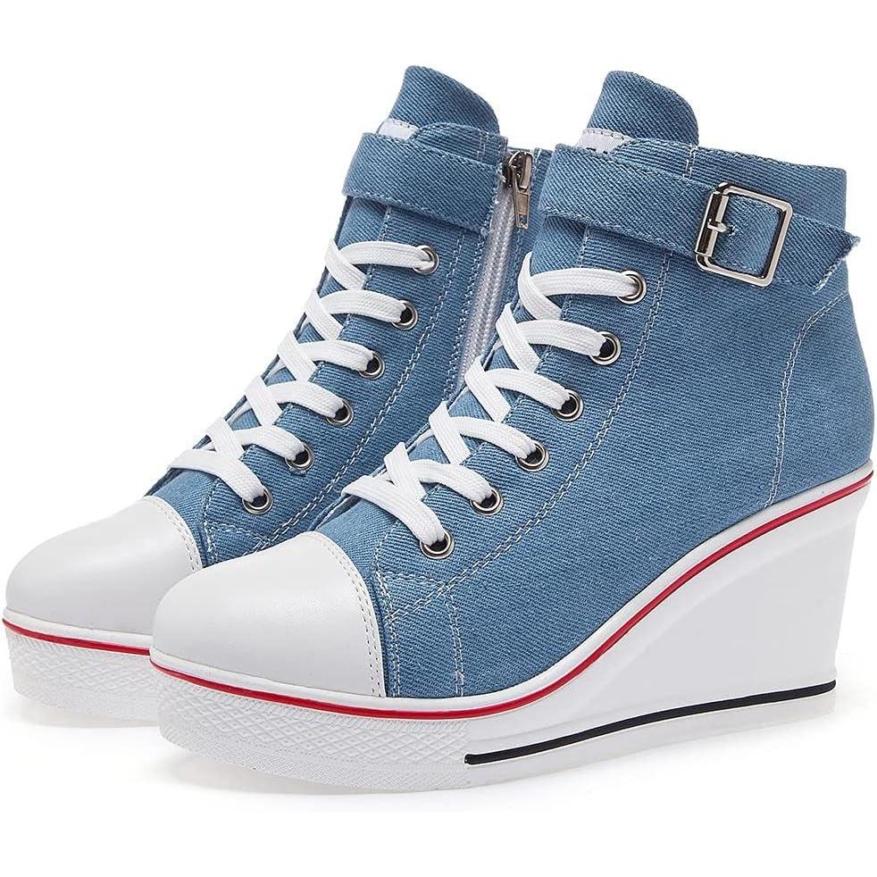 imageMei MACLEOD Wedge Heel Sneaker for Women High Heel Sneaker Side ZipperLace Up Canvas Shoes for Ladies College StudentsBlue
