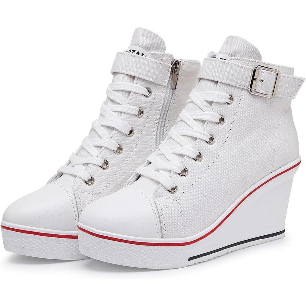 imageMei MACLEOD Wedge Heel Sneaker for Women High Heel Sneaker Side ZipperLace Up Canvas Shoes for Ladies College StudentsWhite