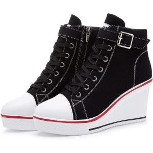Mei MACLEOD Wedge Heel Sneaker for Women High Heel Sneaker Side Zipper/Lace Up Canvas Shoes for Ladies College Students(Black)