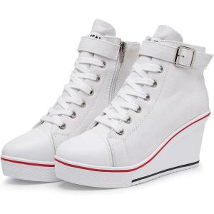 Mei MACLEOD Wedge Heel Sneaker for Women High Heel Sneaker Side Zipper/Lace Up Canvas Shoes for Ladies College Students(White)