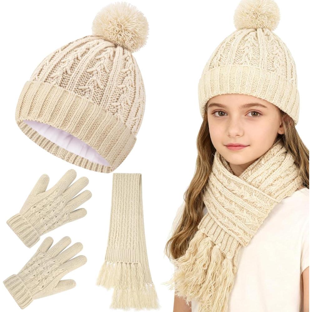 imageGirls Winter Hat Scarf Gloves Set Beanie Hat with Warm Fleece Lined Kids Hat and Gloves Set for Girls 510Y and 1116 YearsBeige3pcs