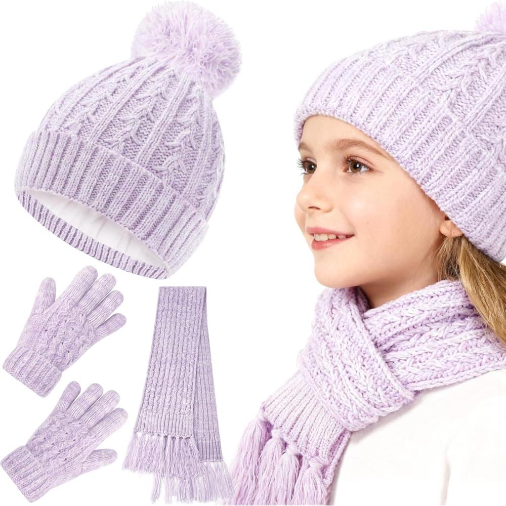 imageGirls Winter Hat Scarf Gloves Set Beanie Hat with Warm Fleece Lined Kids Hat and Gloves Set for Girls 510Y and 1116 YearsPurple3pcs