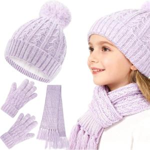 Girls Winter Hat Scarf Gloves Set Beanie Hat with Warm Fleece Lined, Kids Hat and Gloves Set for Girls 5-10Y and 11-16 Years(Purple-3pcs)