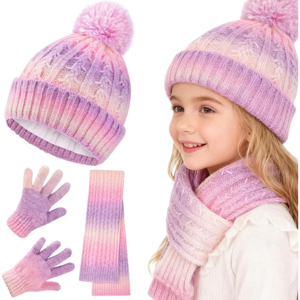 imageGirls Winter Hat Scarf Gloves Set Toddler Fleece Lined Beanie Hat with Pom Rainbow Hat Scarf Mittens for Girl 415 YearMulticolor413pcs