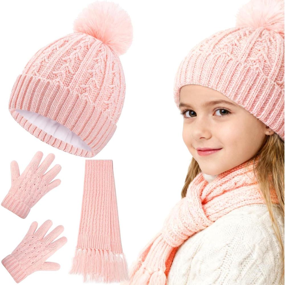 imageGirls Winter Hat Scarf Gloves Set Toddler Fleece Lined Beanie Hat with Pom Rainbow Hat Scarf Mittens for Girl 415 YearPink3pcs