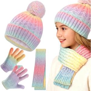 Girls Winter Hat Scarf Gloves Set, Toddler Fleece Lined Beanie Hat with Pom Rainbow Hat Scarf Mittens for Girl 4-15 Year(Multicolor01-3pcs)