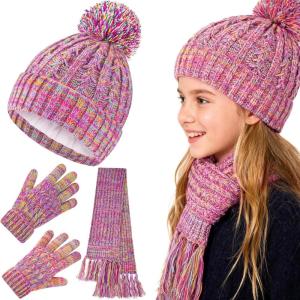 Girls Winter Hat Scarf Gloves Set, Toddler Fleece Lined Beanie Hat with Pom Rainbow Hat Scarf Mittens for Girl 4-15 Year(Multicolor-3pcs)