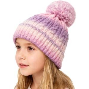 Girls Winter Hat Scarf Gloves Set, Toddler Fleece Lined Beanie Hat with Pom Rainbow Hat Scarf Mittens for Girl 4-15 Year(Multicolor-41(hat))