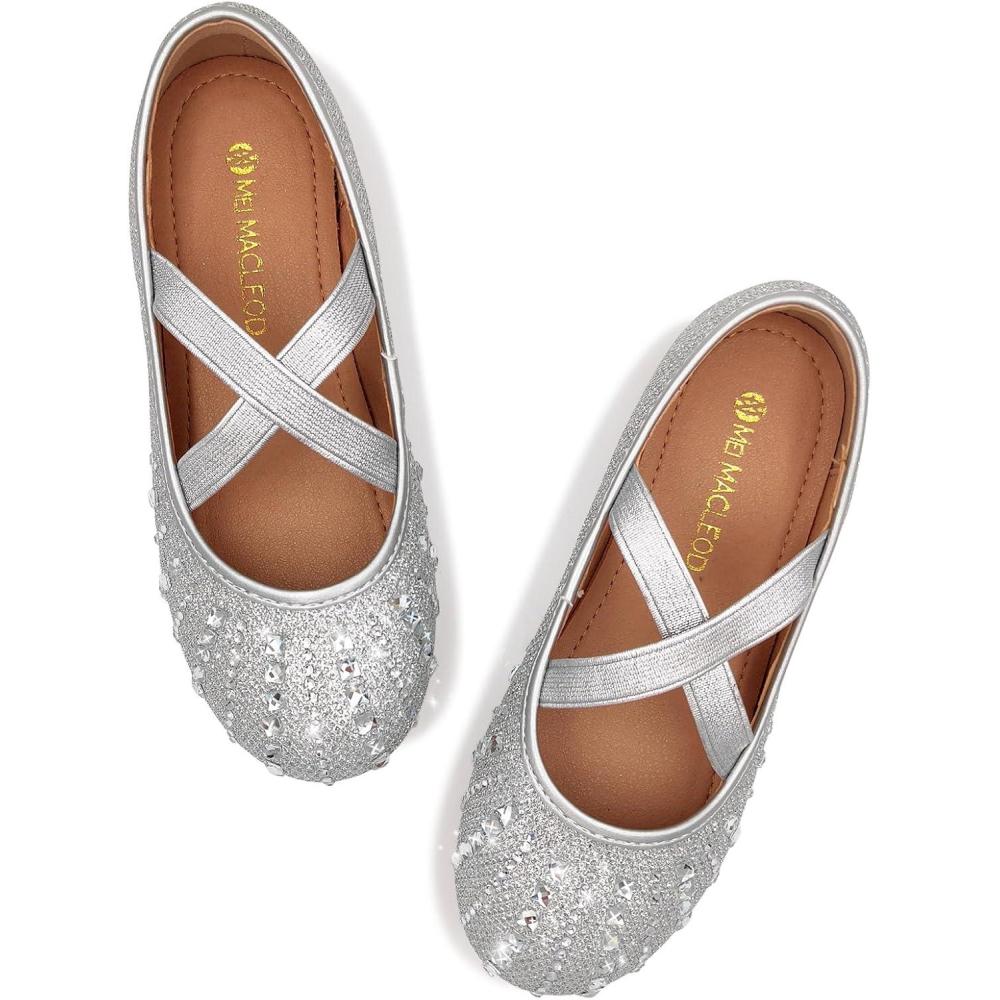image:imageGirls Ballet Flats Mary Jane Dress Shoes  Glitter Princess Wedding Shoes with Elastic Cross Strap for Little Kid Big Kid SlipOn Ballerina Shoes for Party SchoolRhinestonesilver