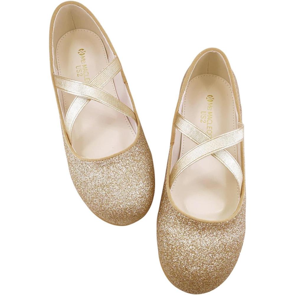 image:imageGirls Ballet Flats Mary Jane Dress Shoes  Glitter Princess Wedding Shoes with Elastic Cross Strap for Little Kid Big Kid SlipOn Ballerina Shoes for Party SchoolGold