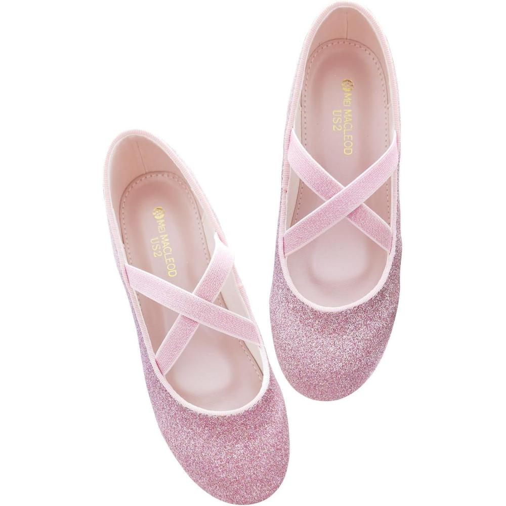 image:imageGirls Ballet Flats Mary Jane Dress Shoes  Glitter Princess Wedding Shoes with Elastic Cross Strap for Little Kid Big Kid SlipOn Ballerina Shoes for Party SchoolPink