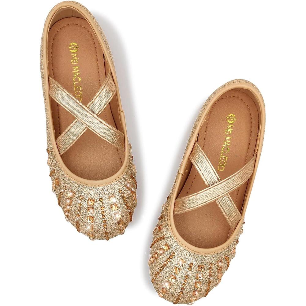 image:imageGirls Ballet Flats Mary Jane Dress Shoes  Glitter Princess Wedding Shoes with Elastic Cross Strap for Little Kid Big Kid SlipOn Ballerina Shoes for Party SchoolRhinestonegold
