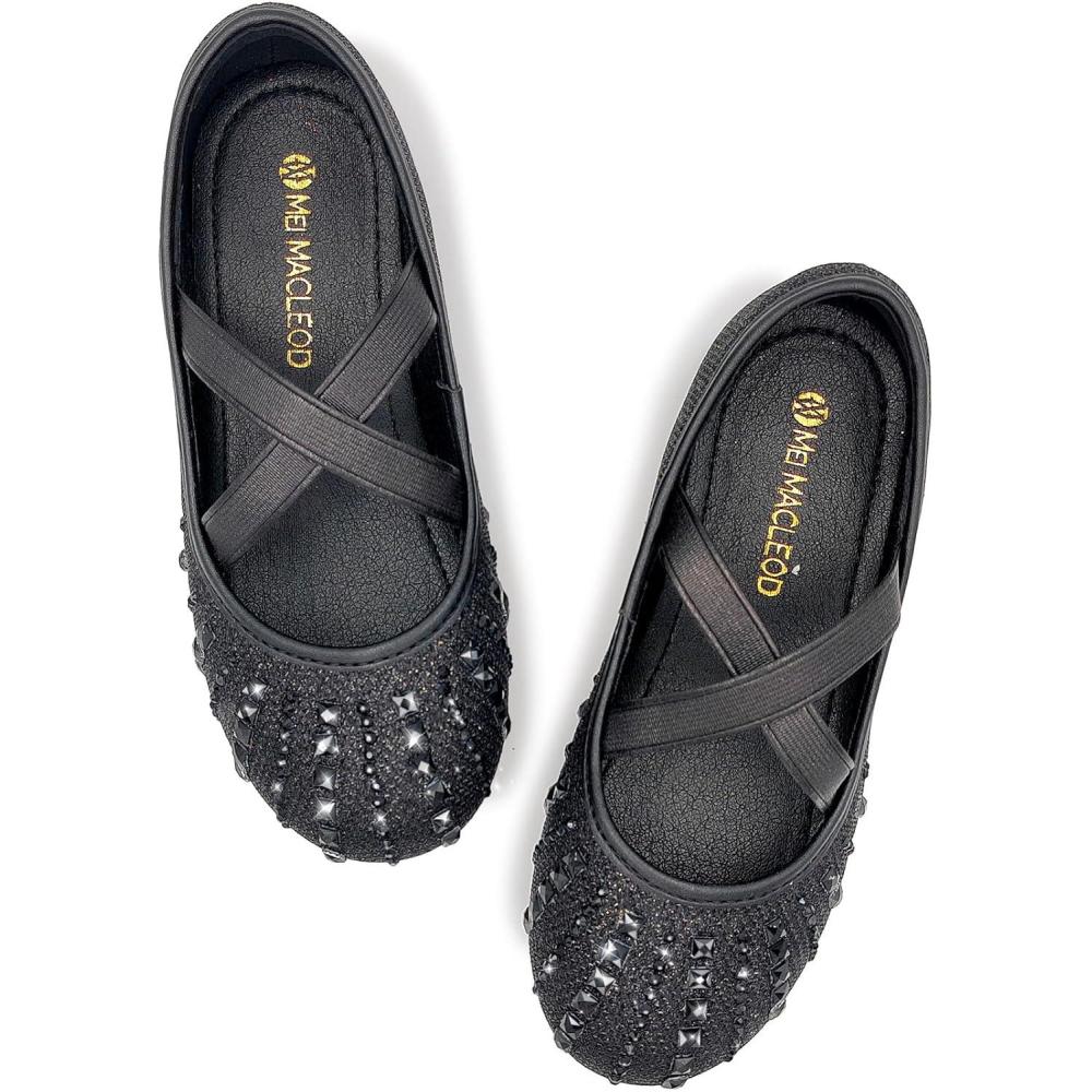 image:imageGirls Ballet Flats Mary Jane Dress Shoes  Glitter Princess Wedding Shoes with Elastic Cross Strap for Little Kid Big Kid SlipOn Ballerina Shoes for Party SchoolRhinestoneblack