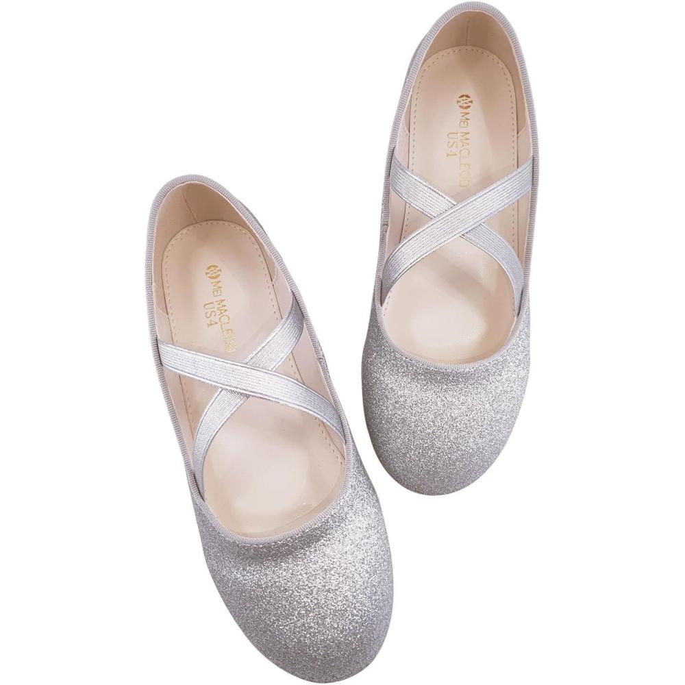 image:imageGirls Ballet Flats Mary Jane Dress Shoes  Glitter Princess Wedding Shoes with Elastic Cross Strap for Little Kid Big Kid SlipOn Ballerina Shoes for Party SchoolSilver