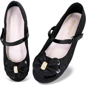 Girls Ballet Flats Mary Jane Dress Shoes – Glitter Princess Wedding Shoes with Elastic Cross Strap for Little Kid Big Kid, Slip-On Ballerina Shoes for Party School(Bowknot-black)