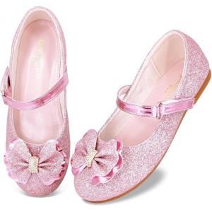 Girls Ballet Flats Mary Jane Dress Shoes – Glitter Princess Wedding Shoes with Elastic Cross Strap for Little Kid Big Kid, Slip-On Ballerina Shoes for Party School(Bowknot-pink)