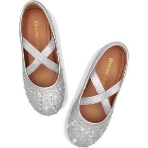 Girls Ballet Flats Mary Jane Dress Shoes – Glitter Princess Wedding Shoes with Elastic Cross Strap for Little Kid Big Kid, Slip-On Ballerina Shoes for Party School(Rhinestone-silver)
