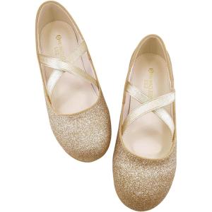 Girls Ballet Flats Mary Jane Dress Shoes – Glitter Princess Wedding Shoes with Elastic Cross Strap for Little Kid Big Kid, Slip-On Ballerina Shoes for Party School(Gold)