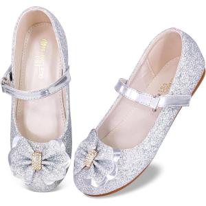 Girls Ballet Flats Mary Jane Dress Shoes – Glitter Princess Wedding Shoes with Elastic Cross Strap for Little Kid Big Kid, Slip-On Ballerina Shoes for Party School(Bowknot-silver)