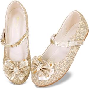 Girls Ballet Flats Mary Jane Dress Shoes – Glitter Princess Wedding Shoes with Elastic Cross Strap for Little Kid Big Kid, Slip-On Ballerina Shoes for Party School(Bowknot-gold)