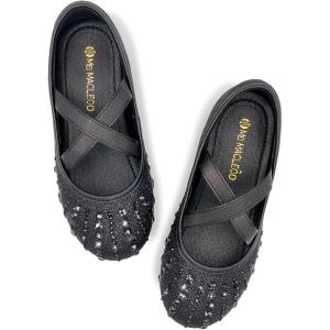 Girls Ballet Flats Mary Jane Dress Shoes – Glitter Princess Wedding Shoes with Elastic Cross Strap for Little Kid Big Kid, Slip-On Ballerina Shoes for Party School(Rhinestone-black)