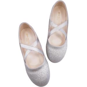Girls Ballet Flats Mary Jane Dress Shoes – Glitter Princess Wedding Shoes with Elastic Cross Strap for Little Kid Big Kid, Slip-On Ballerina Shoes for Party School(Silver)